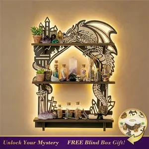 FNYDOX Wooden Dragon Shelf, Gothic Trinket & Knick Knack Shelves, Witchy Fantasy Decor with LED Light, Floating Shelf for Crystals Rocks Gems Healing Stones Display, Essential Oil & Nail Polishe Wall Shelf