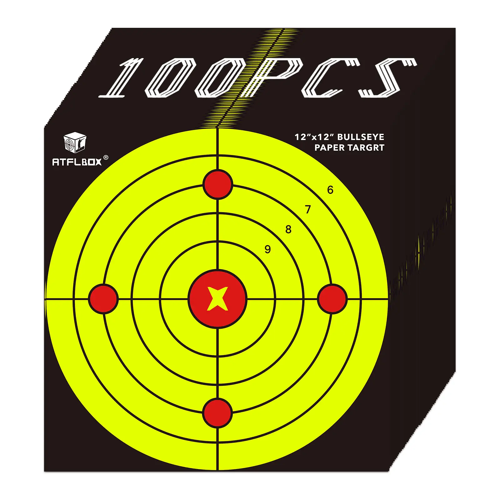 Atflbox 12x12 in High Visibility Bullseye Paper Shooting Targets (100pcs) - Hunting Range Accessory for All Levels, Indoor-Outdoor Shooting Practice, Enhanced Visibility, Target, Bullseye Paper Target