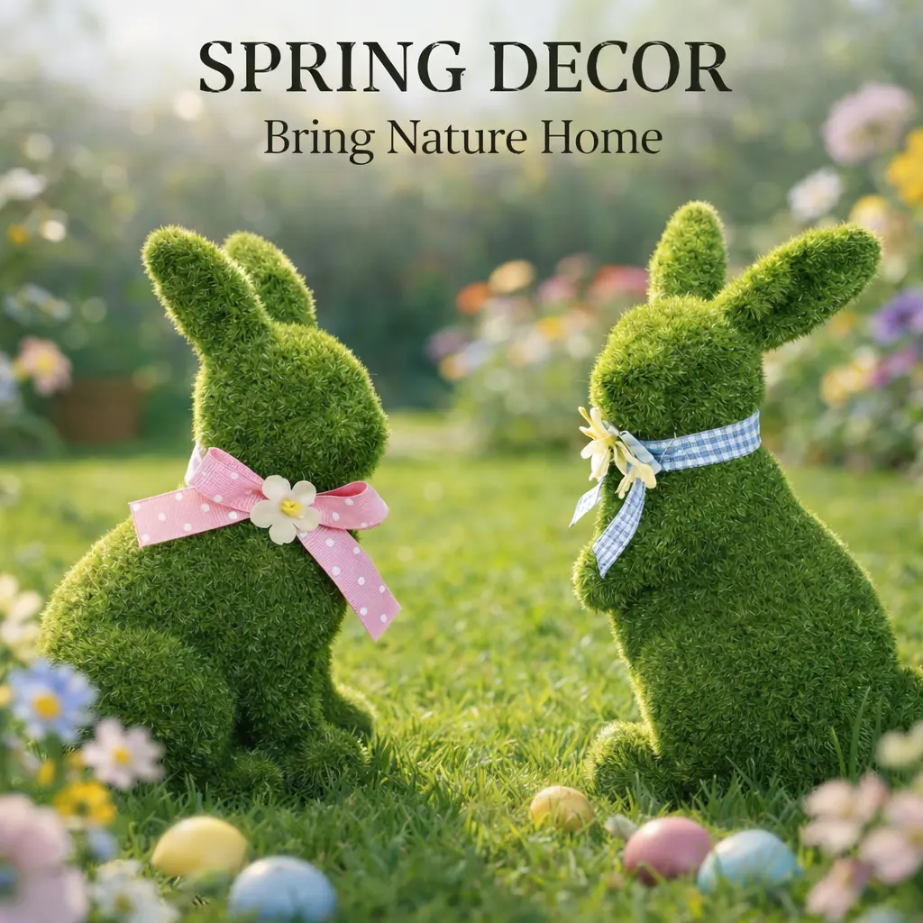 2-Pack Moss-Flocked Resin Easter Bunny Figurines, Farmhouse Rustic Green Rabbit Couple Decor, Tabletop Mantel Desk Spring Decor for Home