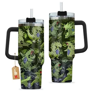STORMMECH- Tyranitar 40oz Handle Tumbler – PKM Stainless Steel Travel Mug, Anime Inspired Vacuum Insulated Cup, Large Iced Coffee Tumbler, Manga Fighter Drinkware, Otaku Gift for Him Her