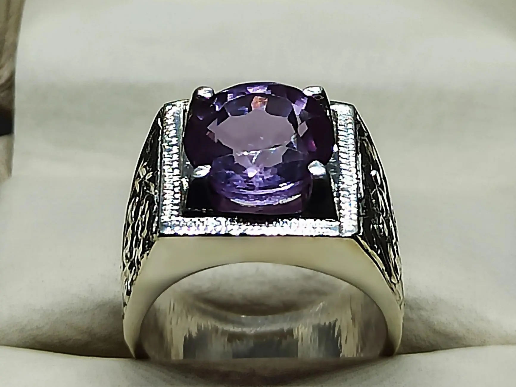 Round Cut 6 Carat Lab Alexandrite Sterling Silver 925 Handmade Mens Carved Ring