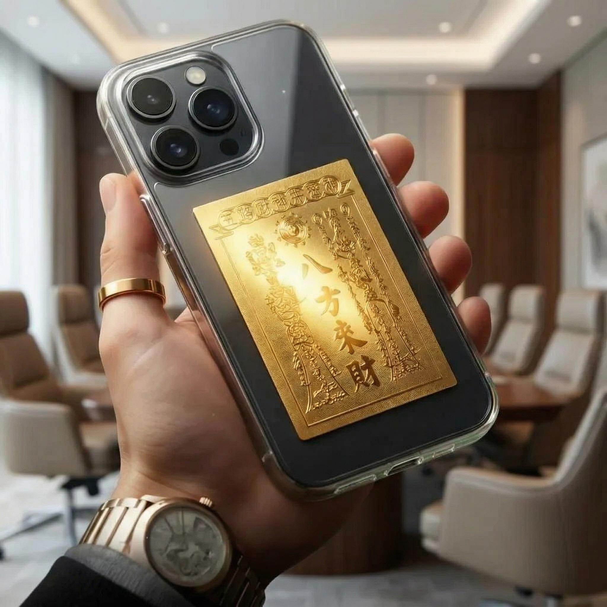 Wealth Amulet—An amulet for wealth, success, and good fortune; the Chinese Feng Shui God of Wealth; made of gold-foil; designed for wallets and as a phone sticker