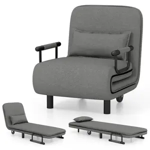COSTWAY Convertible Chair, Sleeper Chair with 5-Position Adjustable Backrest & Lumbar Pillow, 2 Hidden Metal Legs & 2 Lockable Casters, Comfy Chaise Lounge for Living Room & Home Office
