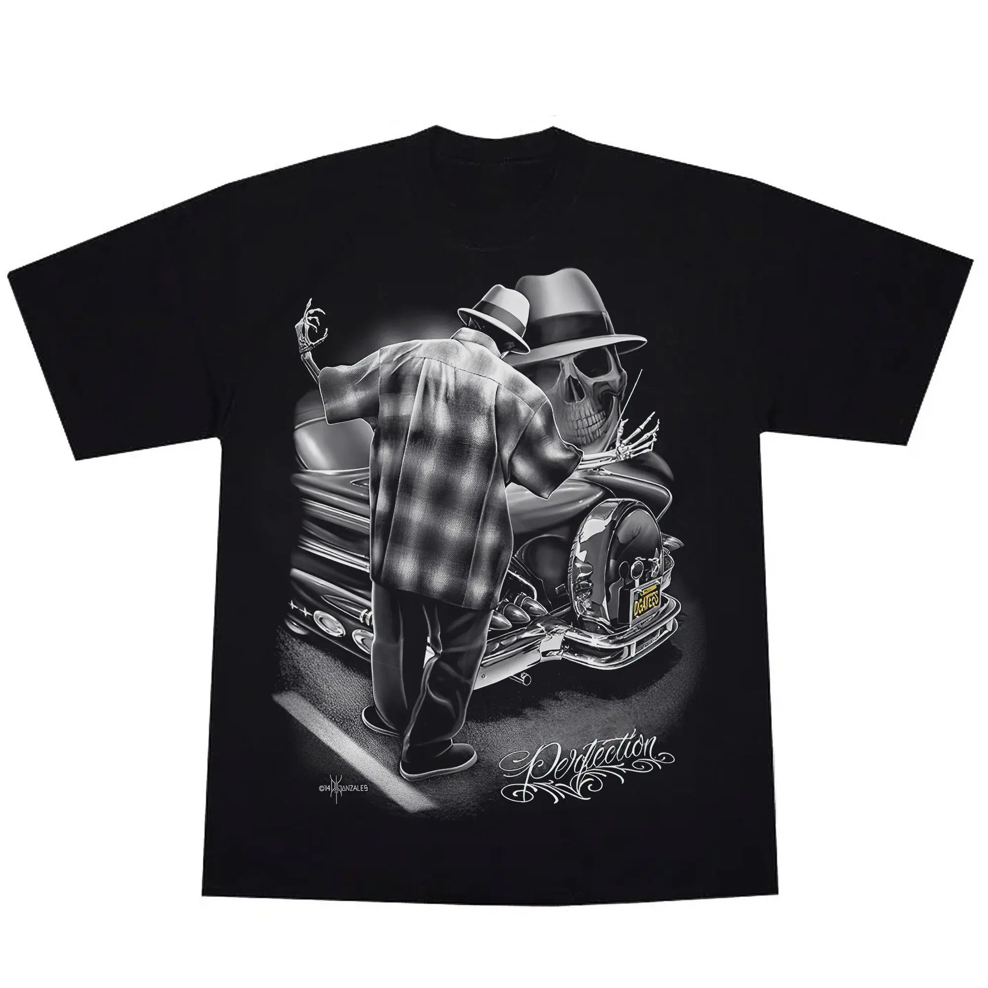 Men's Chicano Art Graphic T-Shirt, Casual Washed Cotton Top, Summer-Ready Lowrider Skeleton Streetwear Fashion, Menswear, Tops, Summer‑Ready Tee, Custom‑Made Shirt