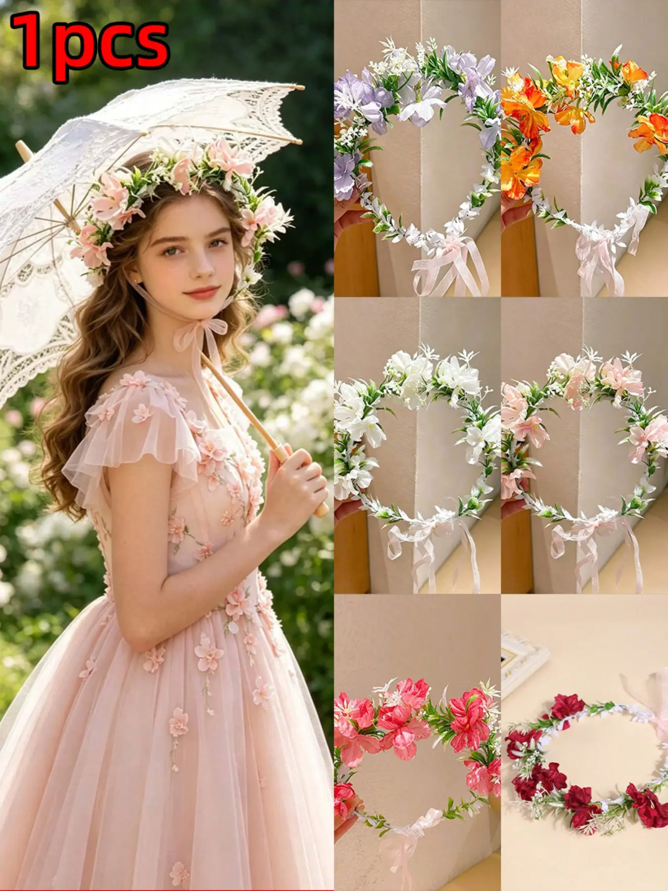 1pcs Early Spring Flower Crown Headband, Fairy Princess Forest Style Floral Ribbon Hair Band, New 2026 Women's Hair Accessory, Floral Hairband