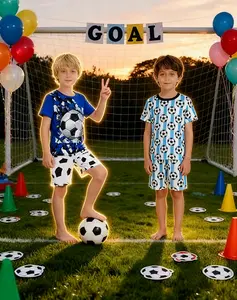 Boys' soccer set includes two outfits with cool printed patterns on short-sleeve T-shirts and shorts; perfect pajama or loungewear option