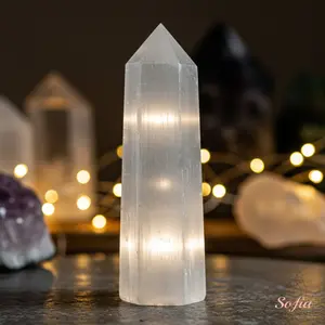 Sofia Natural Selenite Gemstone Crystal Tower Single Point Wand 3 Inch Height Sturdy Base Home Desk Meditation Decoration