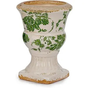 Small Ceramic Urn Planter - Green Scroll Floral Pedestal Flower Pot, Decorative Vintage Chinoiserie Style Planters, Tuscan Accent Vase Indoor Outdoor Plant Holder with Drainage