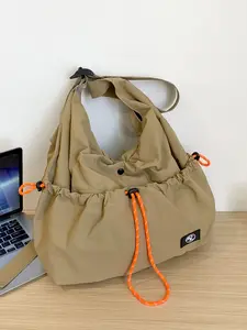 Khaki functional style drawstring shoulder bag, outdoor trendy shoulder messenger bag, Crossbody messenger bag, contrasting color casual versatile commuter multi-purpose bag, niche design suitable for daily travel, shopping, Casual Messenger Bags