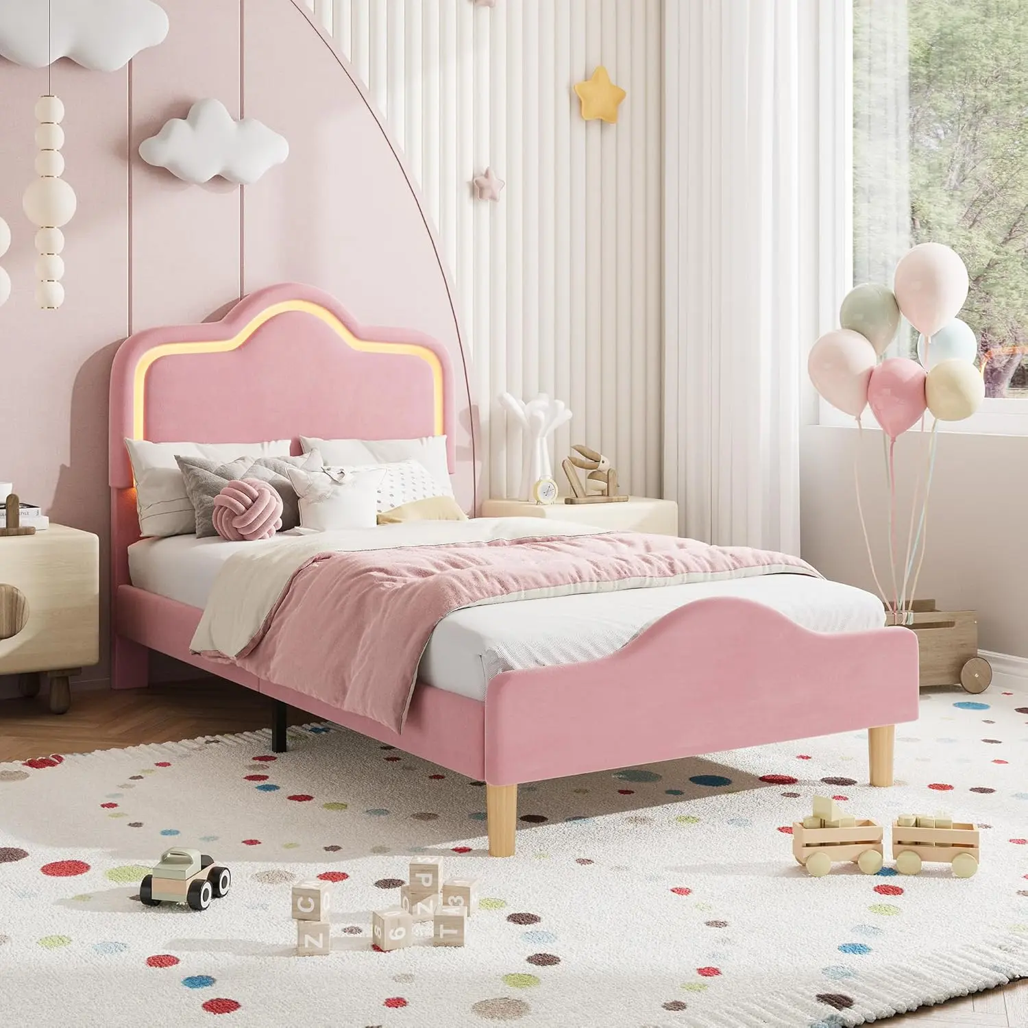 GAOMON Twin Size Velvet Cover Bed Frame with Adjustable Headboard, Footboard, RGB Color Changing Lights (20+ Effects, Dynamic Modes), Silent Wooden Slats Support, Enhanced Airflow, No Box Spring Needed, Easy Assembly, Pink for Kids' Room, Twin Bed, Durabl