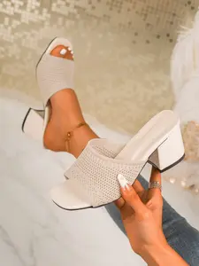 New Woven Fabric Open Toe Square Head Chunky Block Heel Breathable Rubber Fashion Women's High Heel Sandals, Height Sandals, Casual Versatile Style