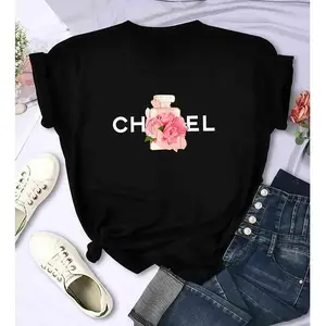 Women's Summer Cotton T-Shirt Alphabet Flower Perfume Shirt Fashion Printed Pattern T-Shirt Brand High Quality Short Sleeve Top