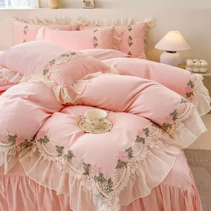Flower Lace Ruffled Bedding Set Sweet Girl Chiffon Ruffles Duvet Cover Set 3PC(1 Full Duvet Cover 80x90 Inch, 2 Pillowcases) Aesthetic Bedding for Romantic French Wedding