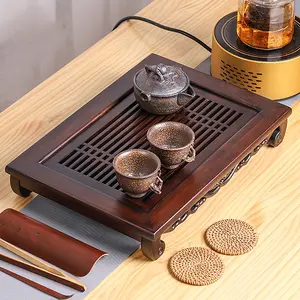 Walnut Bamboo Tea Serving Tray 15.74x10.82x2.75In 1.06Qt Drawer Tray Grid Drainage for Home Office Cafe Tea Time