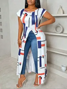 Plus Size Women's Long Top, Geometric Print Design, High Split Front, Casual Loose-Fit Cap Sleeve, Pair with Various Fashion Bottoms, Womenswear