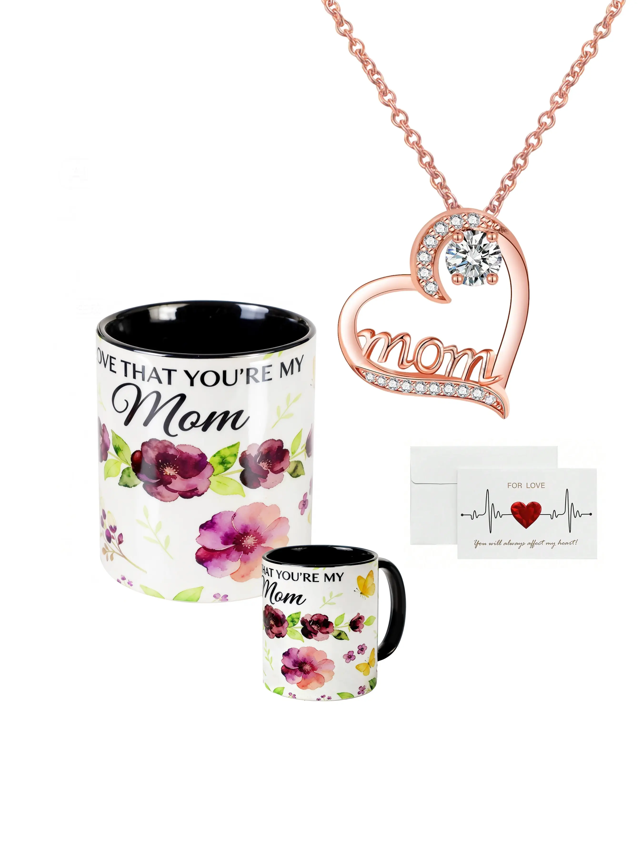 Mom Heart Necklace & Mug Set, Simulated Amethyst & Natural Diamond Accents, Stainless Steel Chain, Mother's Day Gift