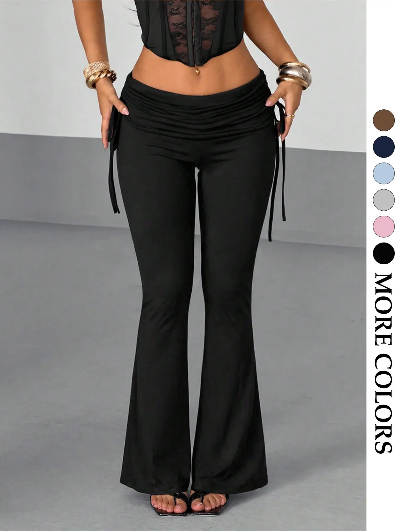 Women's Low Waist Pleated Drawstring Flare Pants, High Elastic Slim Fit Butt Lifter Long Trousers, Streetwear Casual Trousers, Casual Fit Bottoms, Casual Fashion Trousers, Womenswear Bottom