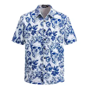 Men's Gothic Skull-Peony Floral Print Short-Sleeve Button-Up Cotton Shirt - Casual Tropical Summer Tops, Camo-Inspired Graphic Style, Father's Day Gift Option, Shortsleeve