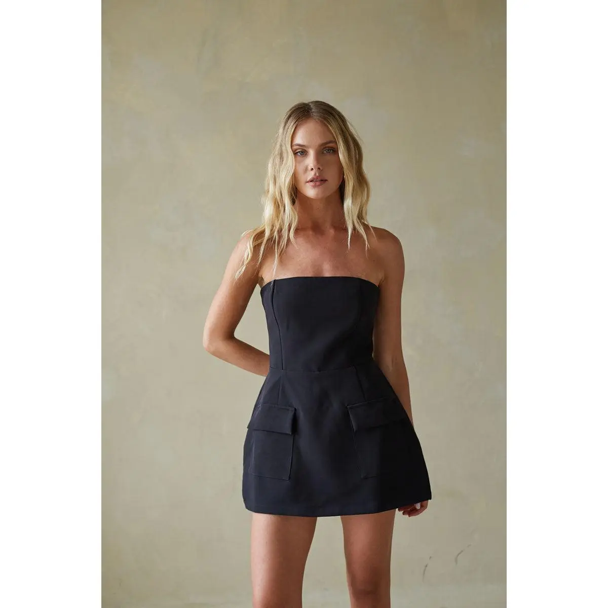 Women's Polyester Casual Wear Romper Mini Dress - Strapless Preppy Fit with Bubble Flare Skirt, Built-in Shorts, Sleeveless Smocked Waist, Pockets, Fashion Zipper