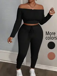 【Plus Size】2 Piece Plus Size Women's Black Off-Shoulder Ribbed Crop Top & Jogger Pants Set, Trendy Street Style, Stretchy Ribbed Fabric & Flattering Fit, Comfortable for Daily Wear & Layering, Suitable for Women's Streetwear, Casual Outings