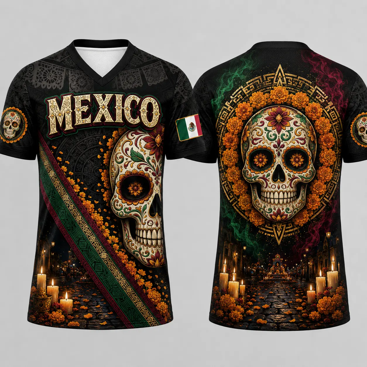 Mexican-Inspired Black Sugar Skull V-Neck Graphic Shirt, Marigold Flower Candle Print Short Sleeve Sports Top, Latin Festival Casual Shirt for Men