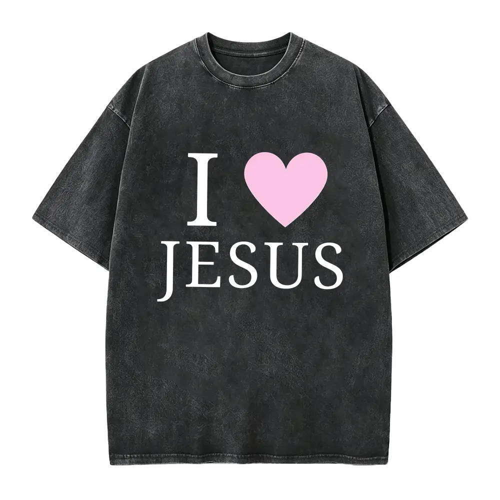 Black Print Tshirt Graphic Tees Cotton Shirts Sweet Pink Heart I LOVE JESUS Christian Motif Youth Fellowship Gathering Wear S-2XL Plain Tops