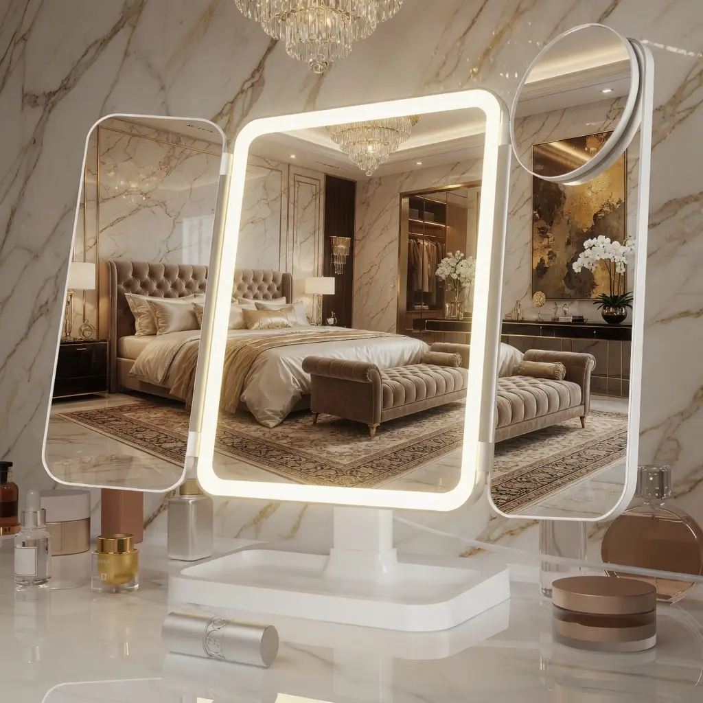 Belle Miroir Portable LED Light Makeup Mirror, Vanity Mirror with Lights, 3-fold Foldable Rechargeable Mirror with 2x 3x & 10x Magnification, Touch Control Mirror for Travel & Bedroom Use, Rechargeable Trifold Mirror
