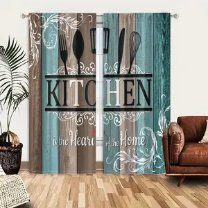 2pcs Window Curtains, A decorative kitchen sign on a wood plank background. It features silhouettes of utensils, the word "KITCHEN", and "is the Heart of the Home".Window Drapes for Bedroom Living Room, Rod Pocket Window Treatment, Home Decoration Curtain