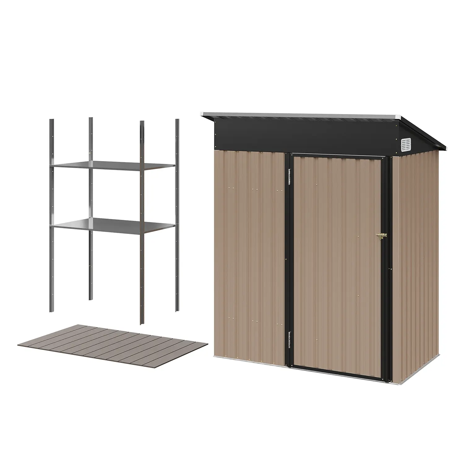 Aoxun 5‘x3'Outdoor Metal Storage Shed with 14mm PP Floor & 2 Adjustable Shelves, Lockable Double Door Weatherproof Galvanized Steel Garden Tool Shed for Backyard Lawn Poolside Brown