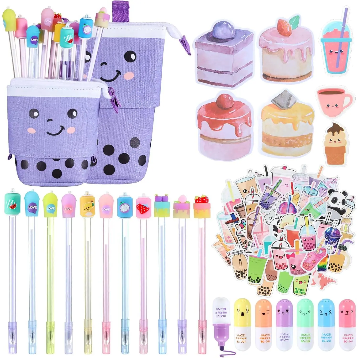 Modern Kawaii 228-Piece Stationery Set - Cute Patterns, Waterproof Stickers, Telescopic Milk Tea Boba Pencil Pouch, Comfortable Writing Gel Ink Pen, Bubble Tea Pill Highlighter, Cake Cone Bookmarks, Nice Gift for Teen Girls with Wide Range of Usages