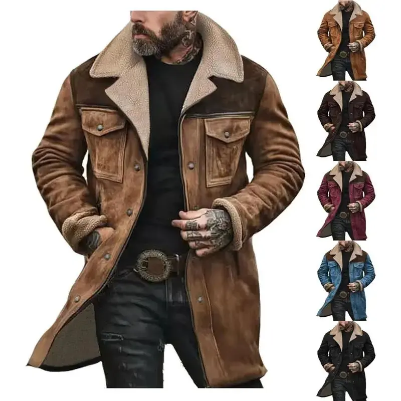 Mens Western Cowboy Jacket Vintage Suede Jacket Long  Coats Zip Up Plush Collar Cowboy Peacoat Retro Tops Casual Menswear Fathersdaygift Soft Fleece Hoodie jacket western clothing jackets letterman  jacket western clothing windbreakers Leather
