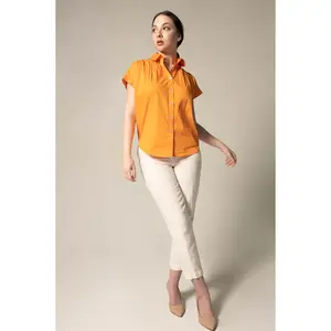 Womens Gather Collar Shirt in Orange Stylish Gathered Blouse Short Sleeve Casual Minimalist Office Wear Fitted Medium Length Viscose Fabric Womenswear Jeans