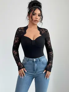 Elegant Lace Transparent Long Sleeve Top, Deep V Slim Fit Sexy Women's Blouse, Casual Commute Date, Fashionable Plain Design Womenswear, Casual Classy Fashion