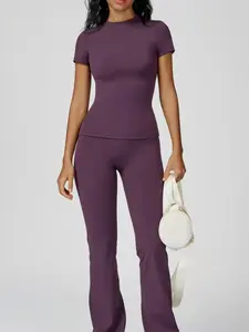 Women's Sporty Quick-Dry Two-Piece Set, Round Neck Slim Fit T-Shirt & High Waist Flare Leg Yoga Pants, Skin-Friendly Fabric, All-Season Wear, Casual Sportswear, Active Wear, Workout Running Outfits, Yoga Gym Workout Running Wear, Sports Activewear Set