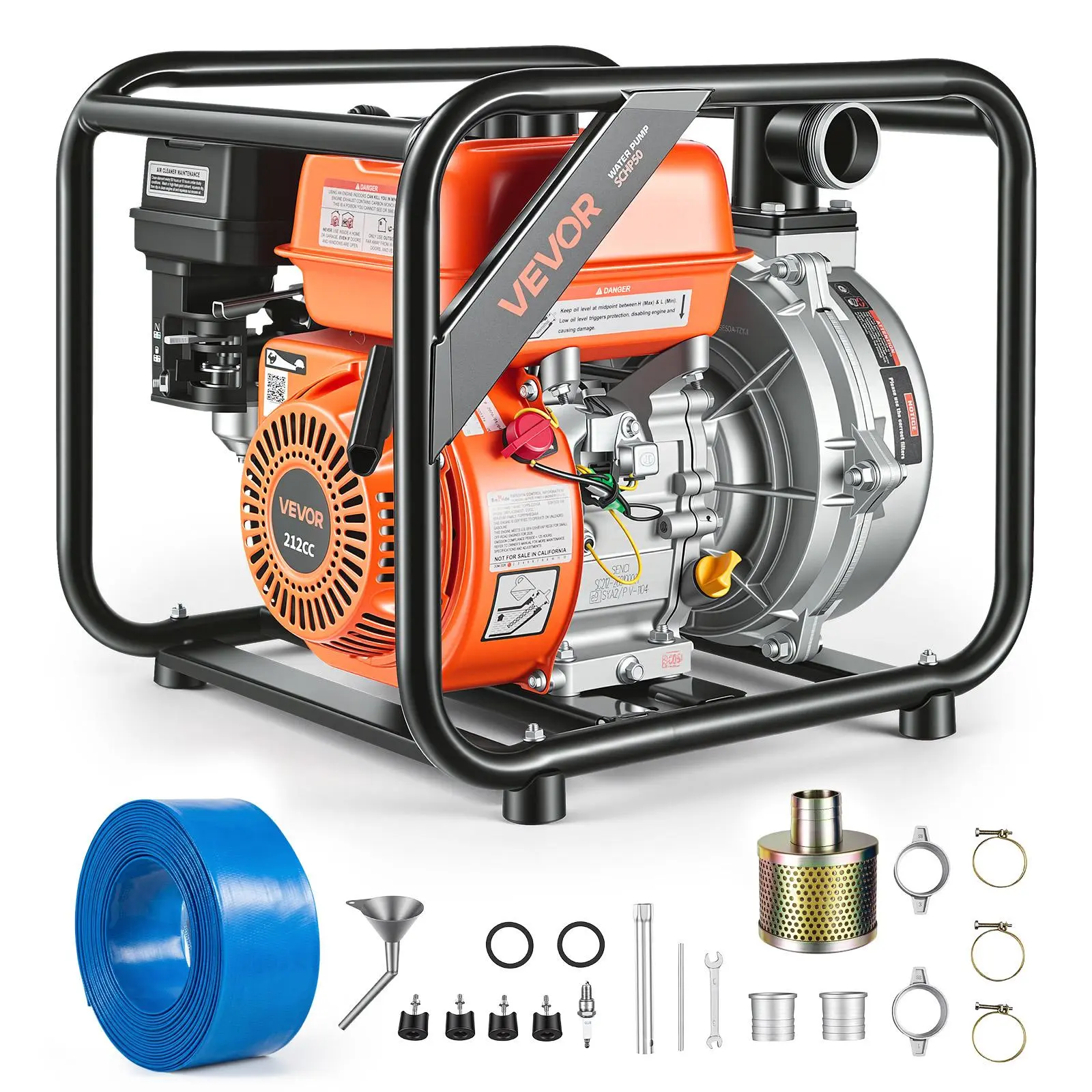 【BackToSchool】VEVOR 6HP Gas-Powered Semi-Trash High Capacity Water Transfer Pump, 2 in, 128 GPM Flow, Portable Gasoline Engine, 25 ft Discharge Hose, Heavy-Duty Frame, Cast Iron Impeller, for Irrigation, Farms, High Capacity Pump