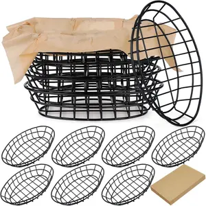 12 Pcs Wire Bread Basket Black 11.8 x 7.9 x 2.2 Large Oval Dinner Roll Baskets Bulk for Serving Fruit Bowl with 50 Sheet Wrapper Paper for Restaurant Table Fast Food