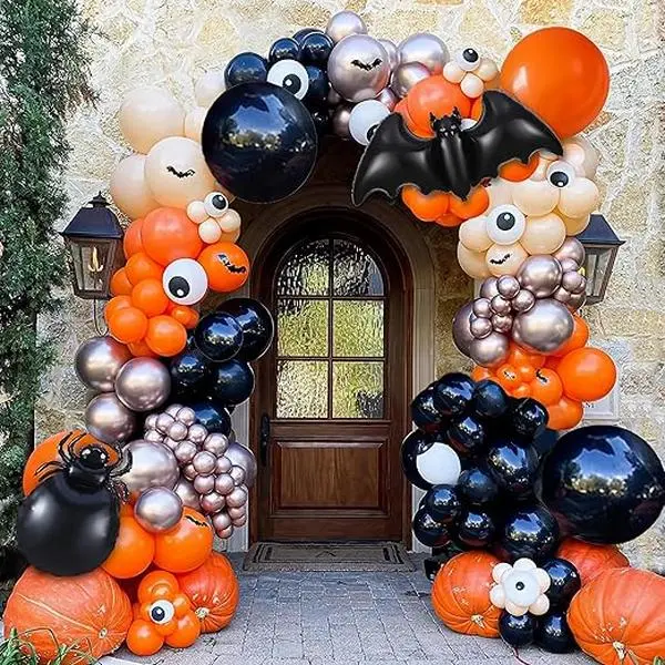 Halloween Balloon Garland Arch Kit - 139Pcs Black Orange Balloons with 3D Bat Stickers for Kids Party Decorations Indoor Outdoor Supplies