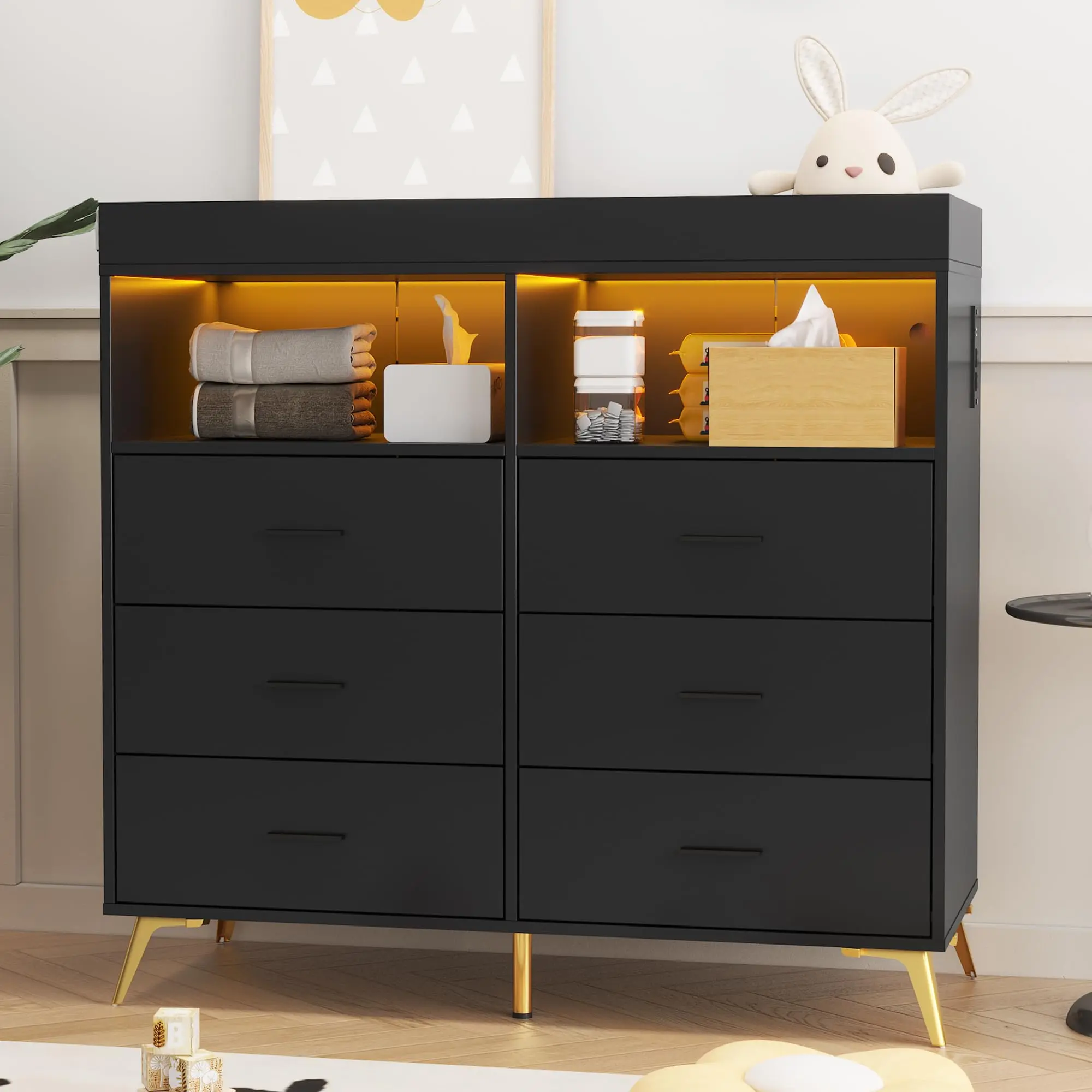 Dresser for Bedroom with 6 Drawers, Baby Changing Table Dresser with Changing Pad, LED Lights & Charging Station, Baby Changing Station with Changing Table Top (Black)
