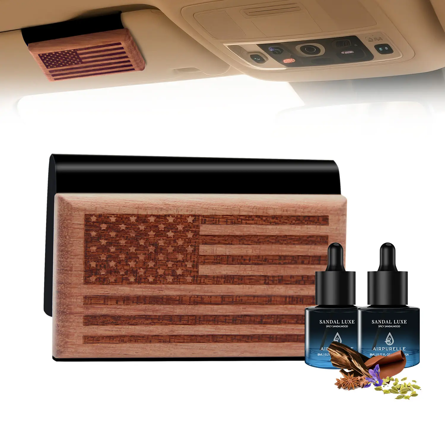 AirPurelle Car Air Freshener Visor Clip Diffuser - 90+ Days Long-Lasting Auto Accessory - Vanilla Scented, Woody Aroma, Mahogany Takwood, Citrus Scents - 2x 8mL Essential Oil Refills - 0.54 fl oz Made in USA Car Fragrance Set, Car Accessory, Auto Accessor