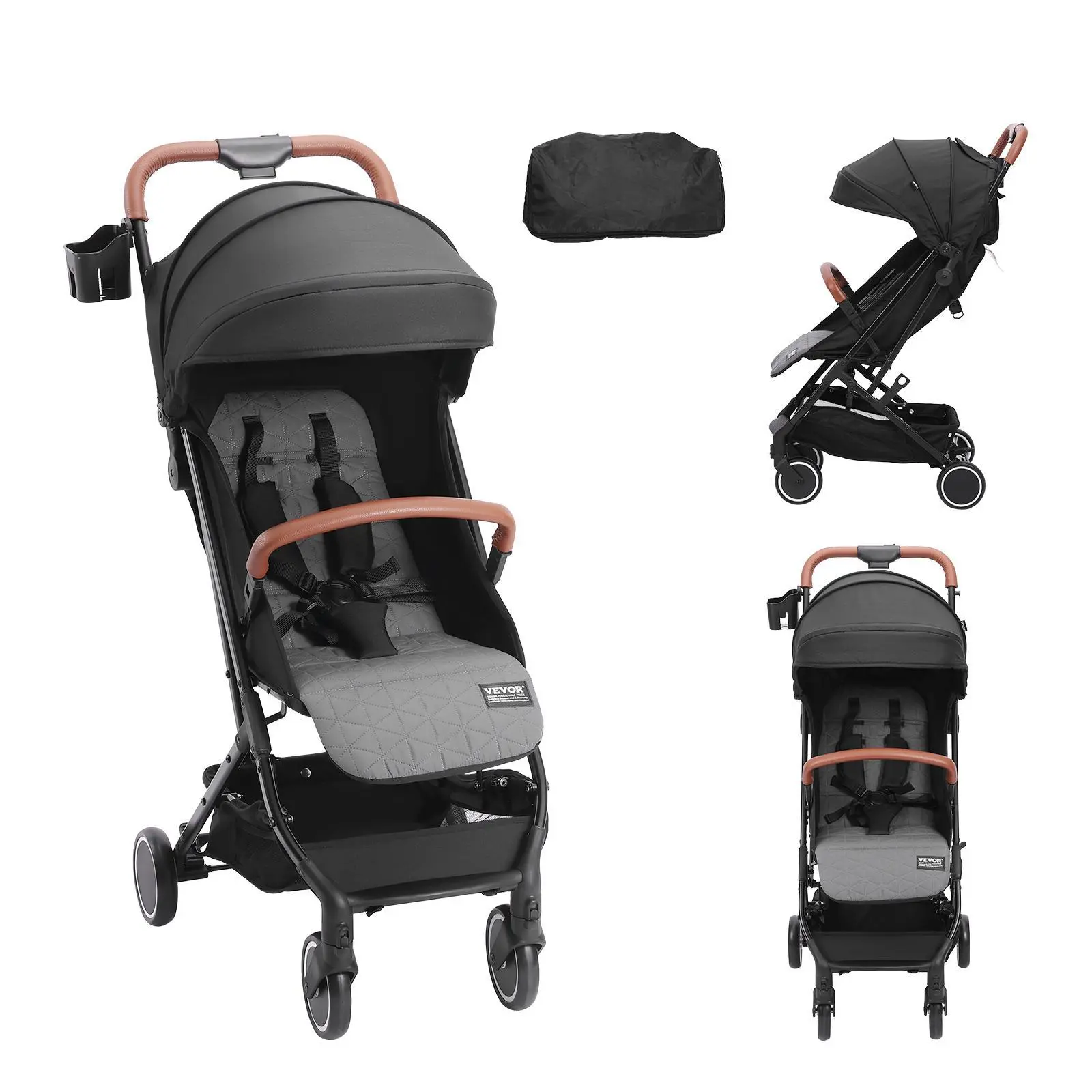 VEVOR Standard Baby Infant Stroller, Toddler Stroller with 95°-150° Adjustable Backrest & & 0/90°Adjustable Footrest & One-click Folding, Newborn Stroller with Cup Holder and Carry Bag, Black