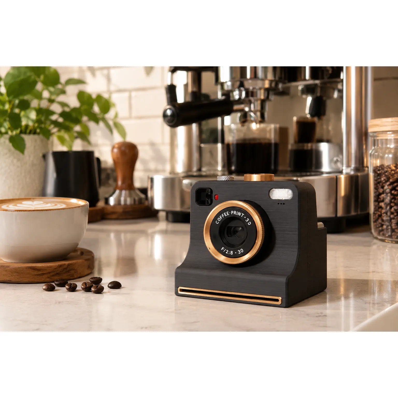 Latte Art Printer Retro Camera Design with 12 Cinnamon Stencils Home Barista Tool 3d Printed for Coffee Lovers