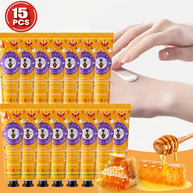 15pcs Honey Hand Cream Set with Vitamin E, Beauty Products, Natural Ingredients for Moisturizing and Nourishing Hands, Portable Travel-Friendly Packaging, Deep Hydration for Dry, Lightweight Non-Greasy Formula, Quick Absorption, Honey Lotion