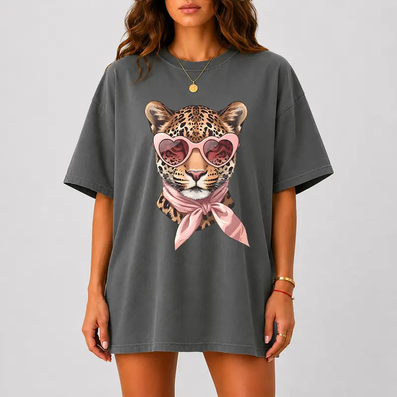 Comfort Colors Coquette Leopard Shirt, Pink Heart Sunglasses Leopard Tee, Cute Animal Graphic Shirt, Trendy Womens Oversized T-Shirt
