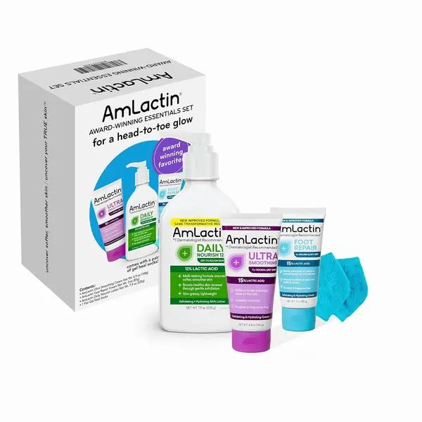 Amlactin Essentials Skin Care Set, Lactic Acid Body & Foot Care | Lactic acid skin care set with body lotion, smoothing cream, foot cream and socks to exfoliate, moisturize and renew skin. backtoschool