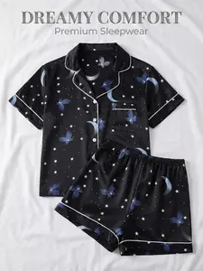 Ladies' two-piece pajamas set featuring butterfly, star, and moon prints, with a front button-up turtleneck shirt and elastic waist shorts. A casual and comfortable short-sleeved top and shorts matching pajamas set, perfect for spring and autumn Nightwear