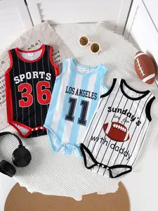 Summer Three-Piece Baby Boys Letter & Number Print Striped Sporty Round Neck Convenient Shoulder Buttons Sleeveless Triangle Printed Bodysuit Outfit Set