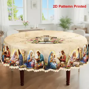 1pc, Easter Themed Party Tablecloth, Spring Summer Vintage Rabbit Nativity Scene Colored Eggs Floral Printed Flower Design, Rectangular/Round/Oval Table Cloth, Embossed Edge, Suitable For Indoor Outdoor Dining Picnic Dinner Dining Room Decoration, Gift