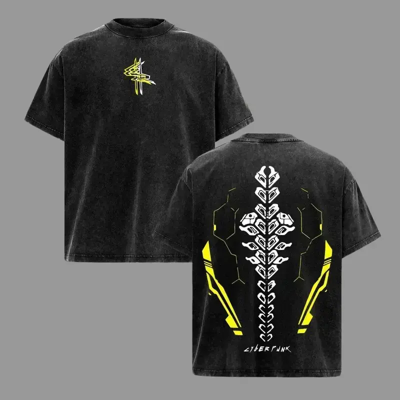 Men's Short-Sleeve Round Neck Cyberpunk 2077 Sandevistan Netrunner Top - Casual Menswear Washed Heavyweight Cotton Tee, Spinal Tattoo EdgeRunners Design, Gamer Streetwear Techwear Gift, Shortsleeve, Tshirt