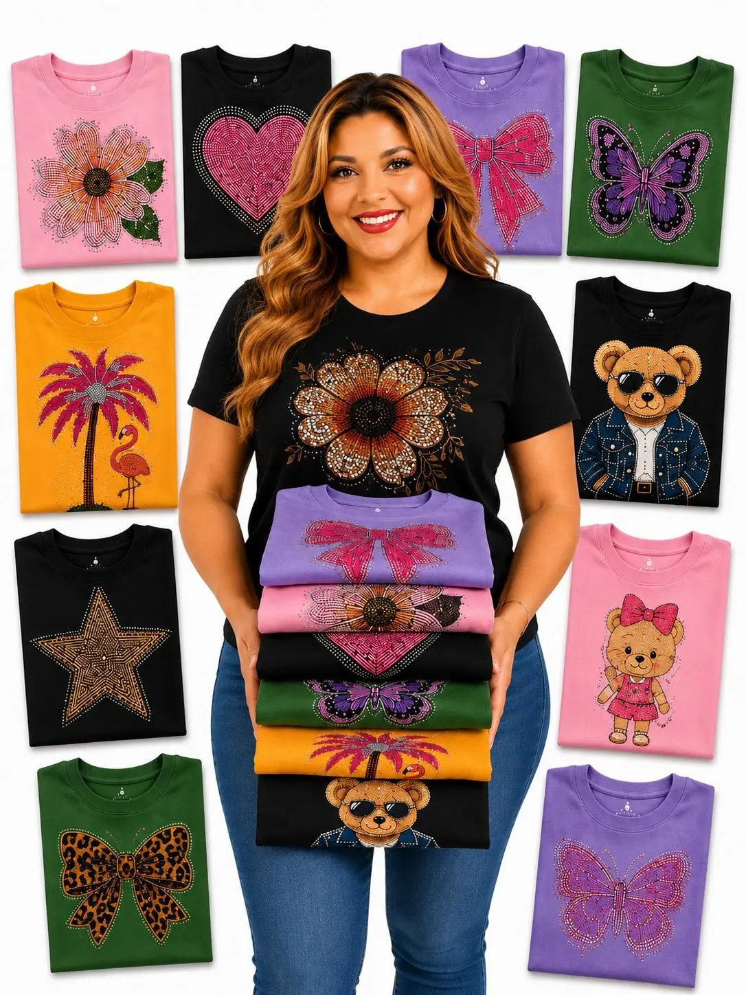 Mixed Pack of 12 Rhinestone T-Shirts – Assorted Colors, Sizes & Design