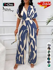 Women's Elegant Loose-Fit V Neck Short Sleeve Romper, Woven Fabric Wide Leg Pants, All Season Fashionable One-Piece Womenswear